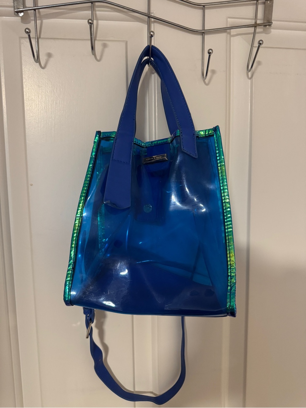 Charles & Keith Blue Clear PVC Jelly Tote Crossbody Bag Holographic Trim